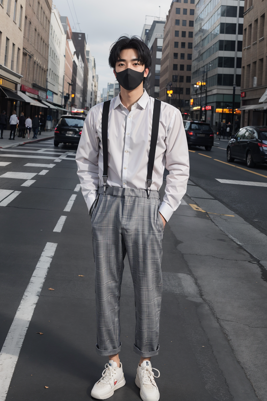 02285-147659201-1boy, bag, black_hair,  grey_pants, male_focus,  pants, shirt, shoes, sneakers, solo, white_footwear, looking_at_viewer, short_h.png